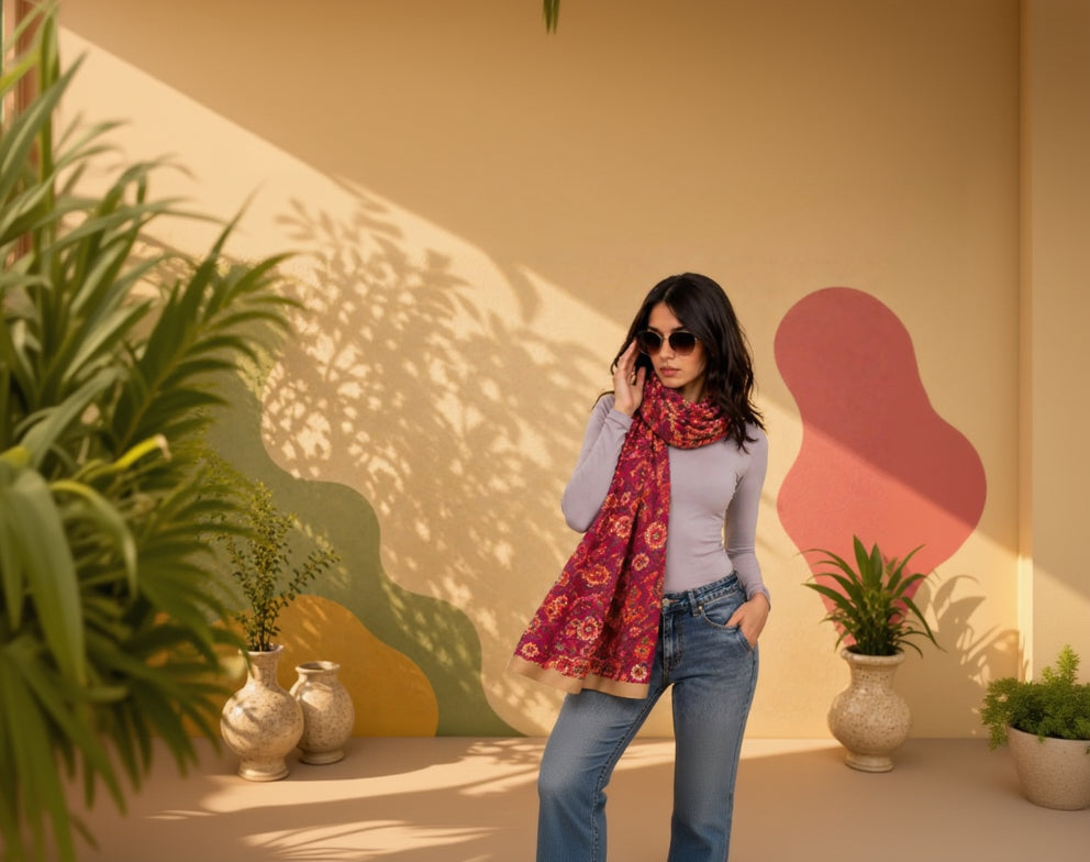 A woman wearing a red and orange floral patterned scarf over a light gray long-sleeve top and blue jeans, standing against a warm beige wall with abstract shapes and plant shadows.